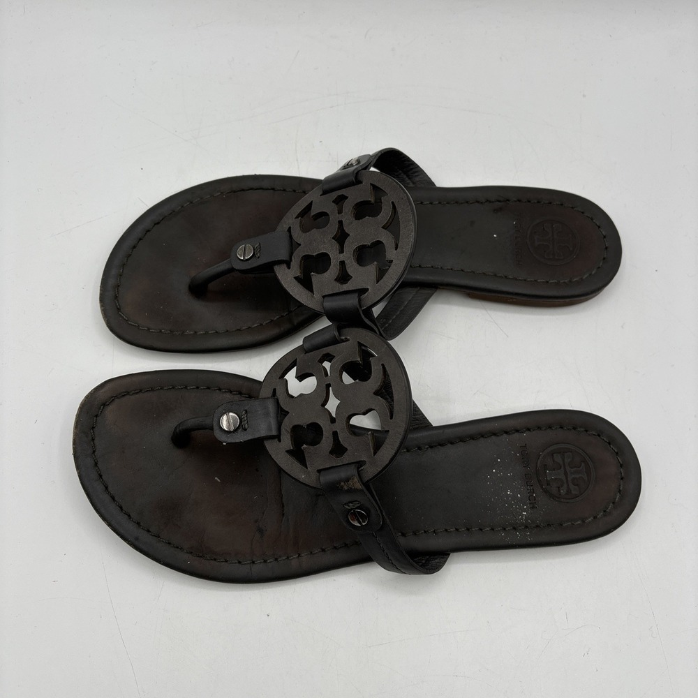 Tory Burch Miller Sandals Women's 7 M Dark Gray Leather Flats Thong - Picture 8 of 12